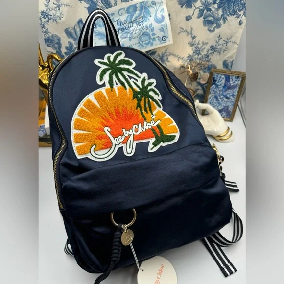 🆕 SEE BY CHLOE 🧿 NWT Blue Satin Palm Trees Decal Backpack - Picture 7 of 16
